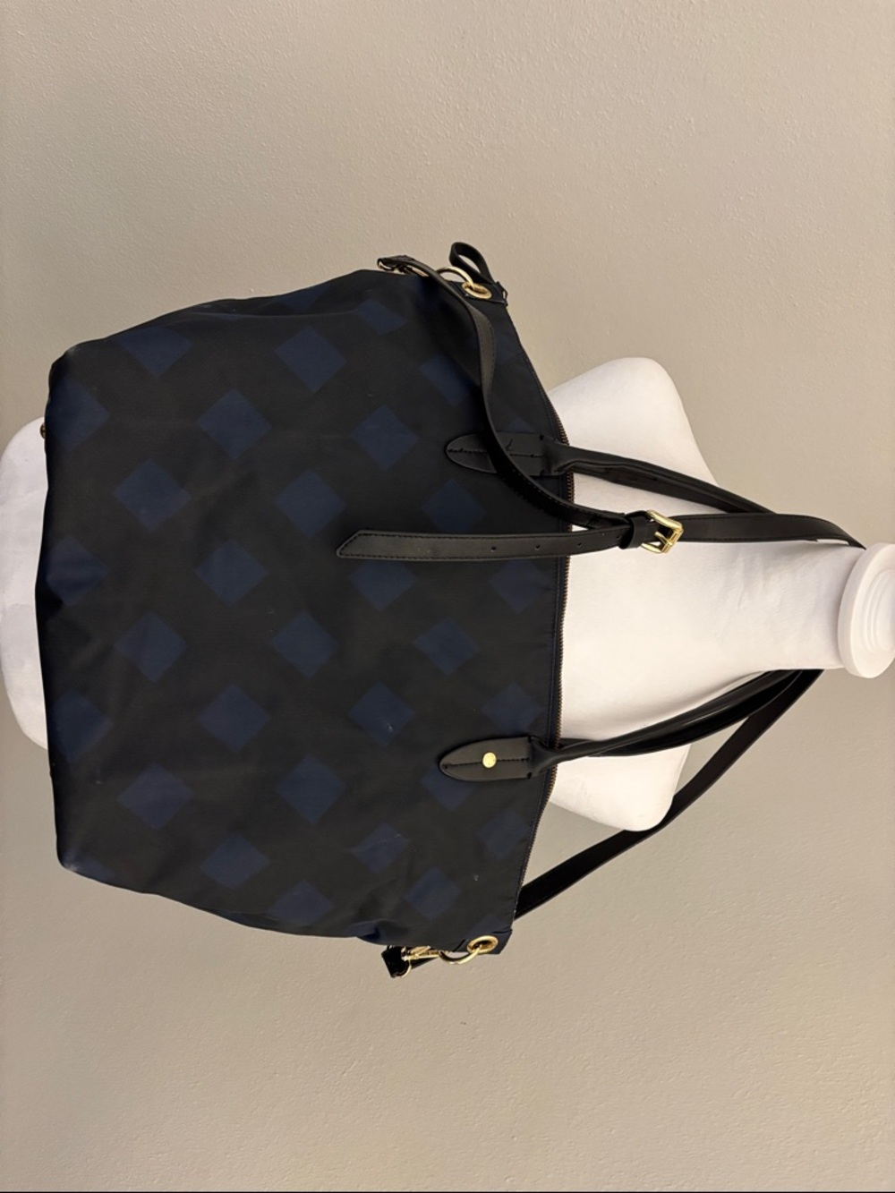 Lands' End Navy Diamond-Print Tote with Black Trim